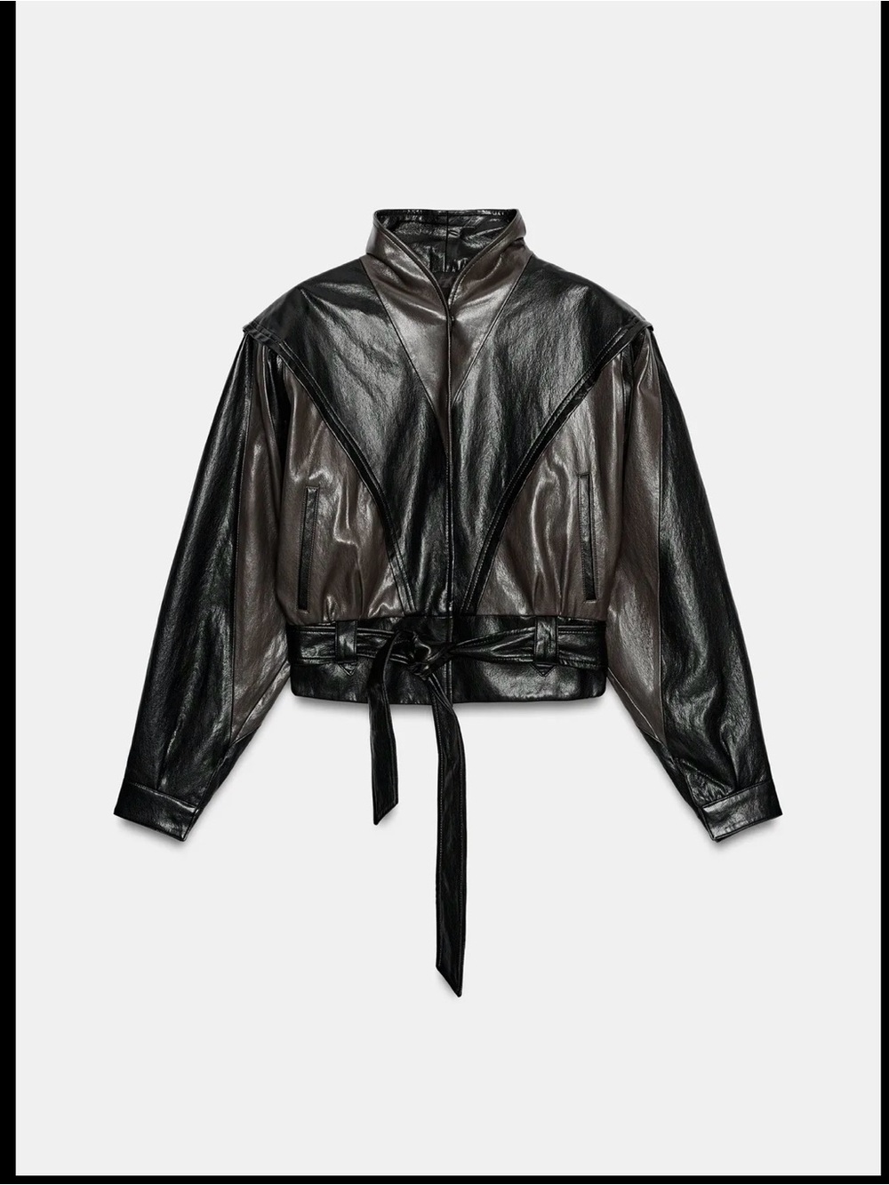 Zara Shiny Black Faux-Leather Belted Jacket